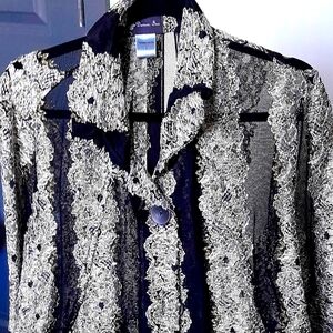 Damee Inc. Black sheer/buttom front, Blouse. White, gold and sheer black.